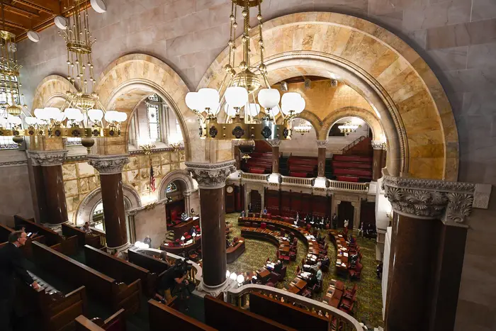 Members of the New York Senate, debate legislation to consider new firearms regulations for concealed-carry permits, during a special legislative session in the Senate Chamber at the state Capitol, July 1, 2022, in Albany. Another special session is slated to discuss lawmakers' pay raise.